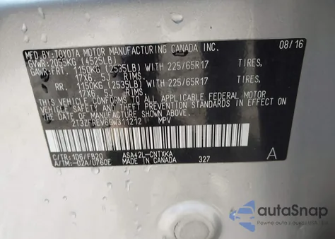 2016 Toyota Rav4 Le из США, поврежденный, VIN 2T3ZFREV6GW311212